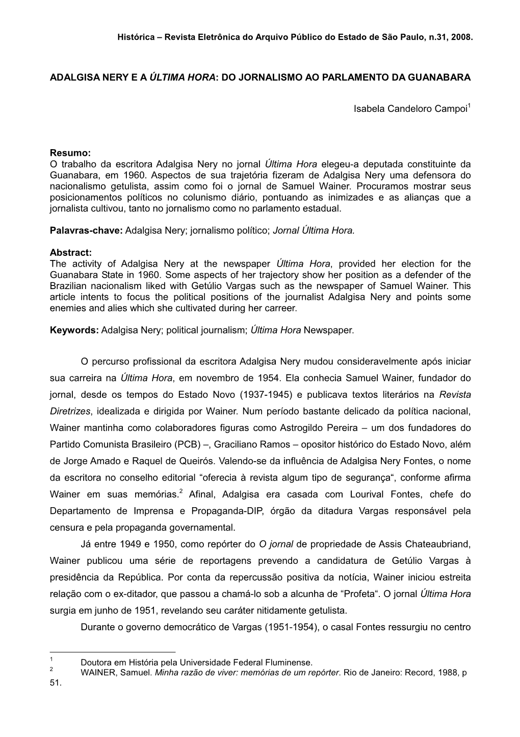 Adalgisa Nery E a Última Hora : Do Jornalismo Ao Parlamento Da Guanabara