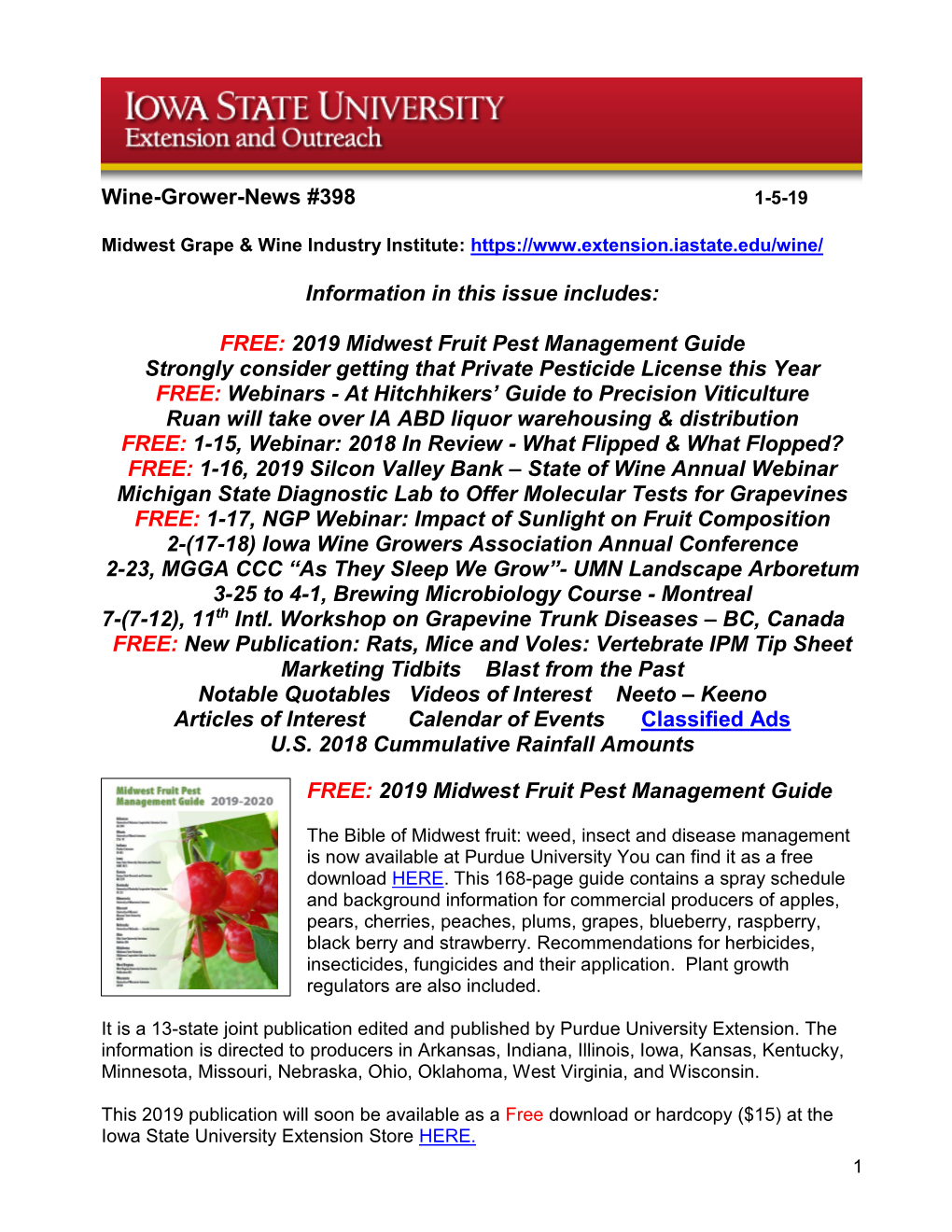 Wine-Grower-News #398 Information in This Issue Includes: FREE: 2019