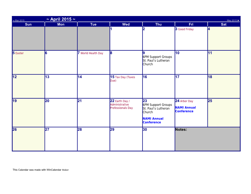 2015 Calendar with US Holidays