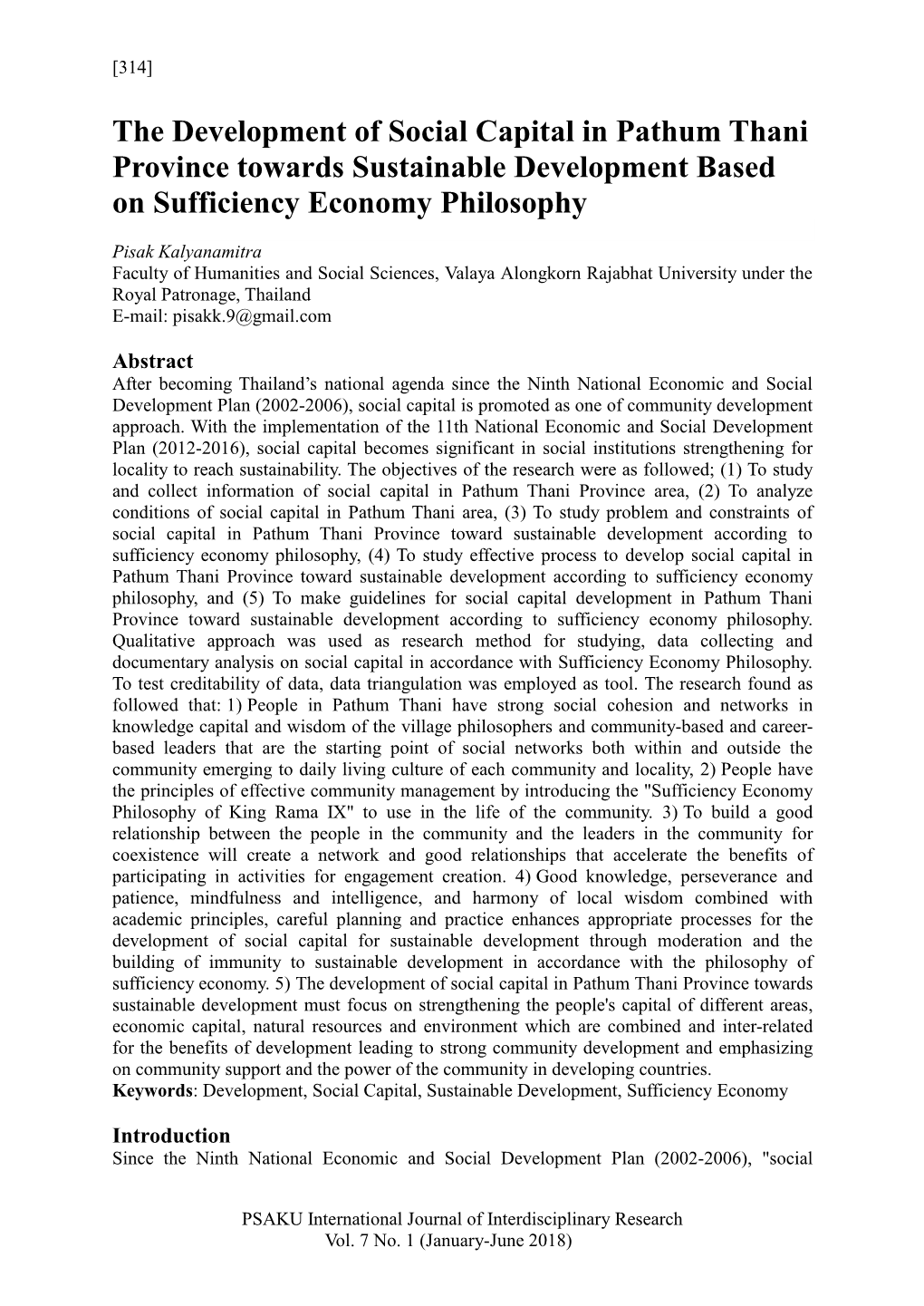 The Development of Social Capital in Pathum Thani Province Towards Sustainable Development Based on Sufficiency Economy Philosophy