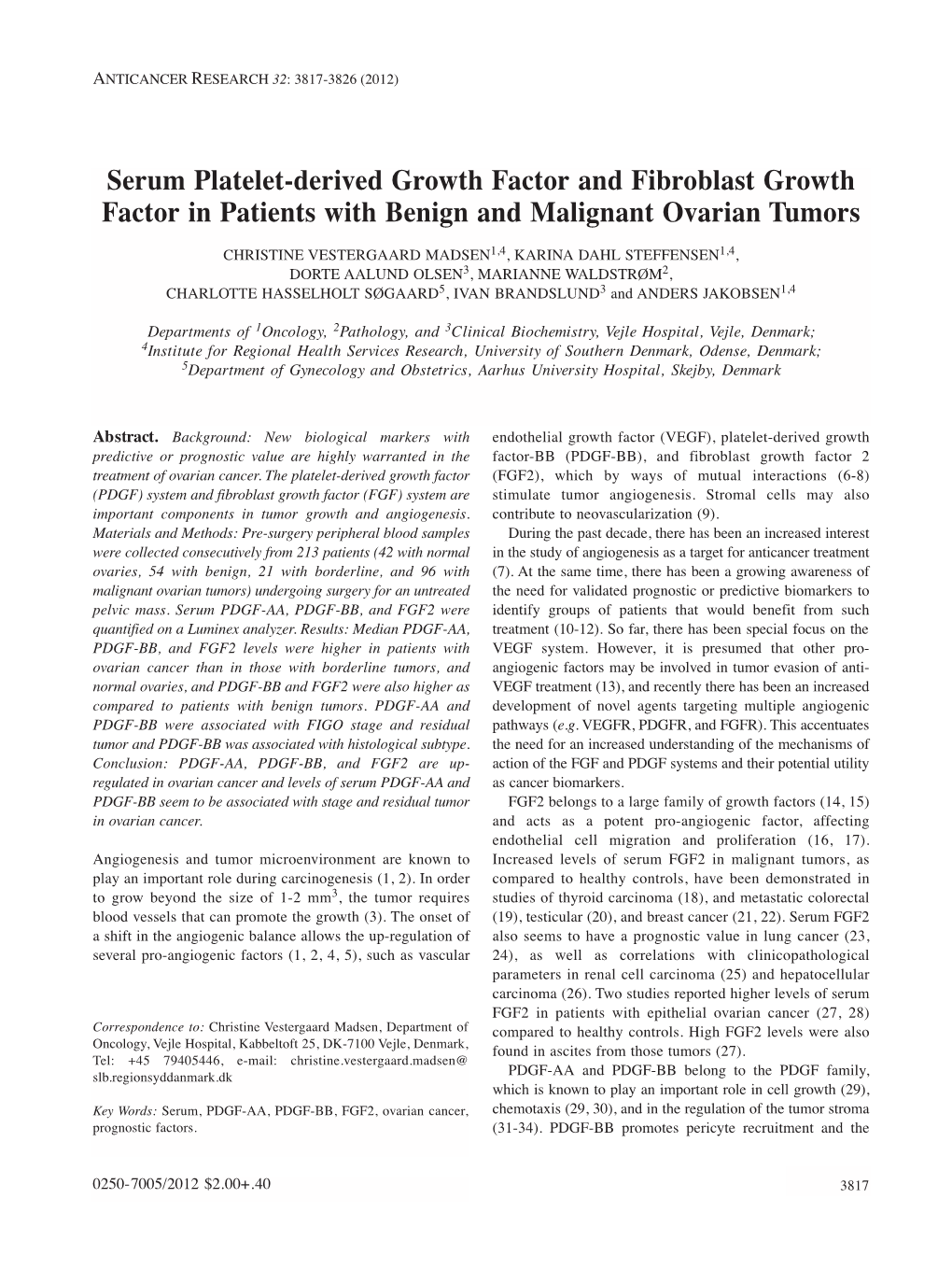 Serum Platelet-Derived Growth Factor and Fibroblast Growth Factor in Patients with Benign and Malignant Ovarian Tumors