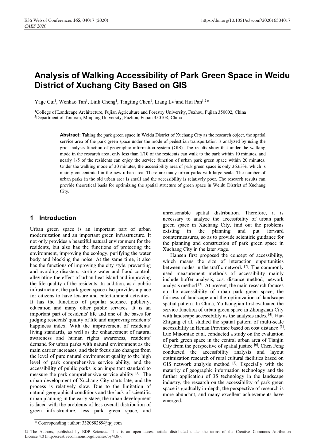 Analysis of Walking Accessibility of Park Green Space in Weidu District of Xuchang City Based on GIS