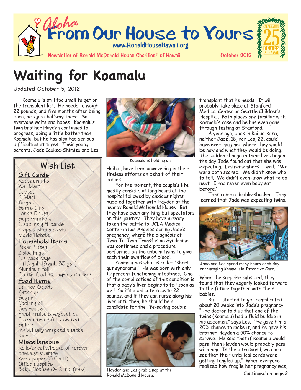 From Our House to Yours Newsletter of Ronald Mcdonald House Charities® of Hawaii October 2012