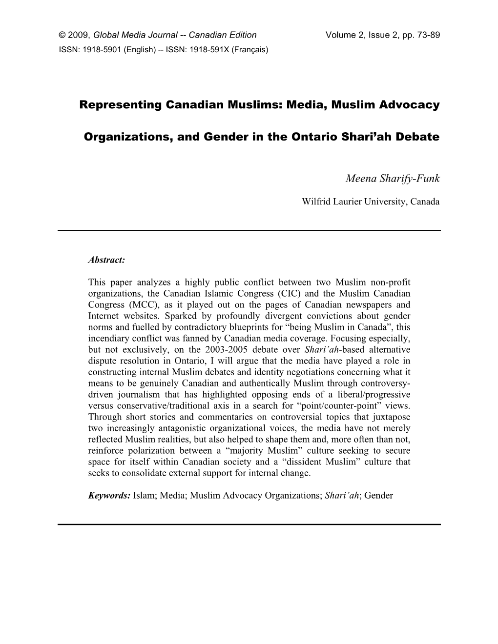 Representing Canadian Muslims: Media, Muslim Advocacy