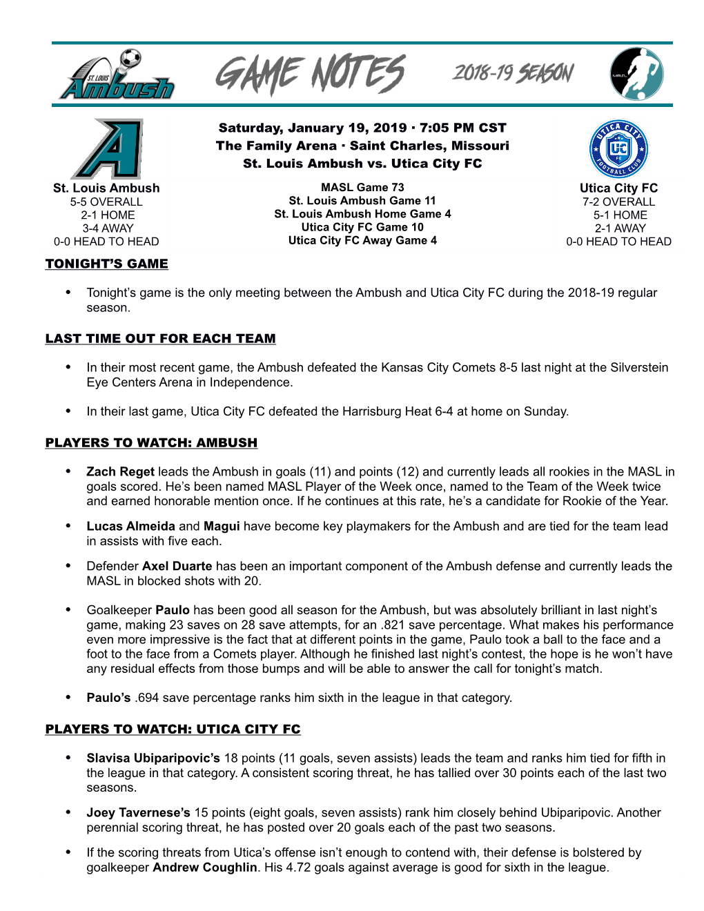 Saint Charles, Missouri St. Louis Ambush Vs. Utica City FC St. Louis Ambush MASL Game 73 Utica City FC 5-5 OVERALL St