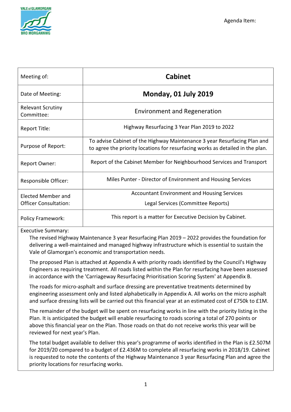 Highway Resurfacing 3 Year Plan 2019 to 2022