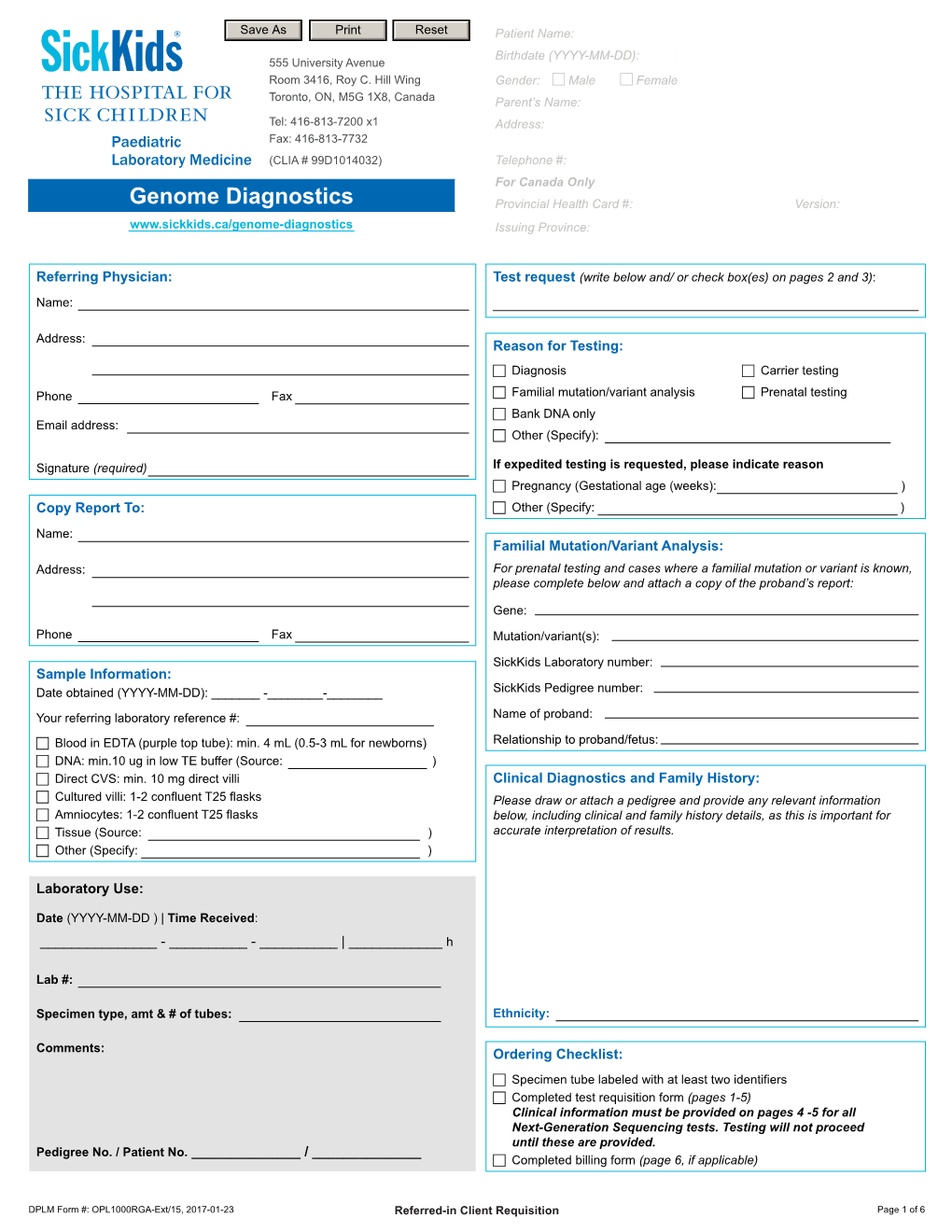 Sickkids – Genome Diagnostics Requisition