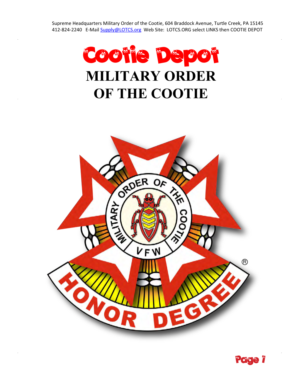 COOTIE DEPOT Cootie Depot MILITARY ORDER of the COOTI E