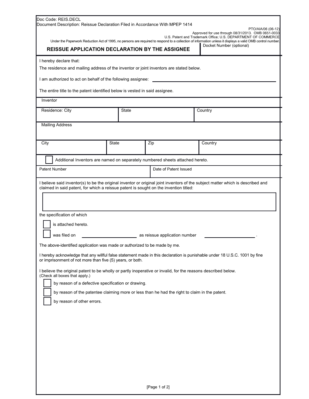 Reissue Application Declaration by the Assignee (PTO AIA-06)