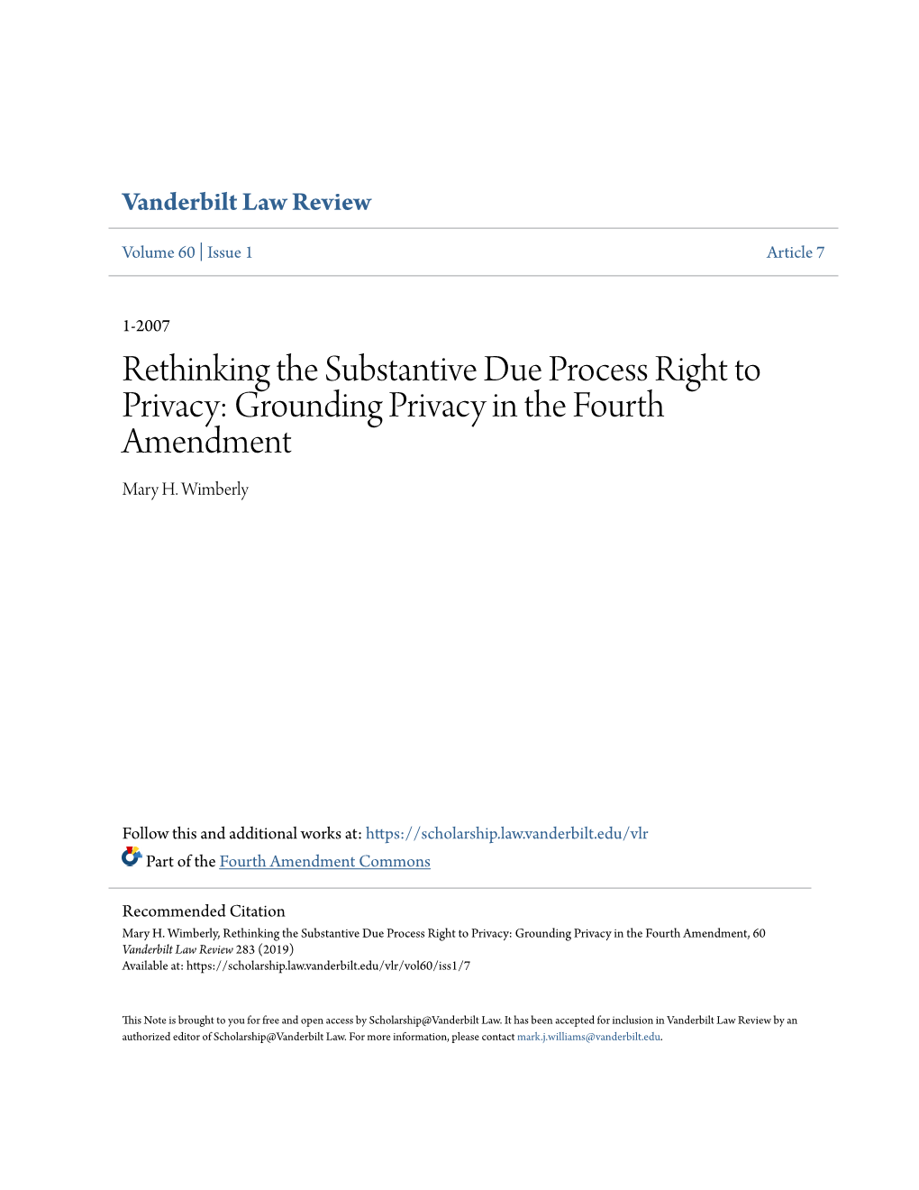 Rethinking the Substantive Due Process Right to Privacy: Grounding Privacy in the Fourth Amendment Mary H