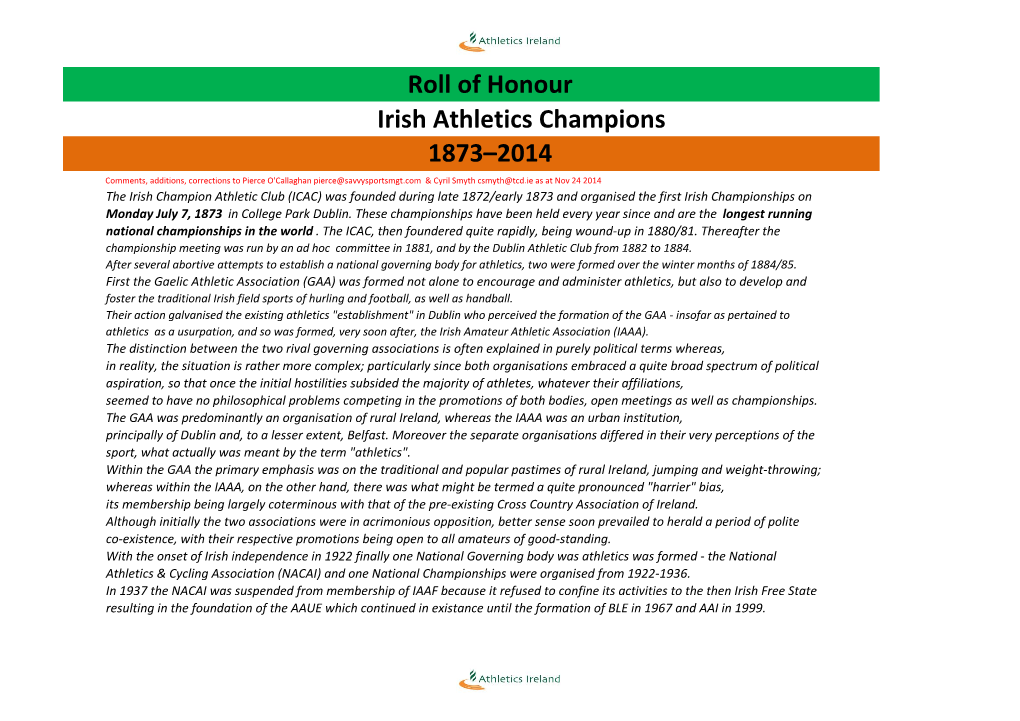 Roll of Honour Irish Athletics Champions 1873–2014