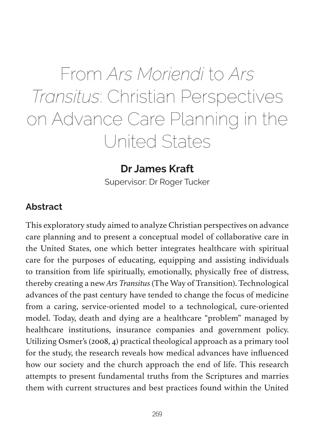 From Ars Moriendi to Ars Transitus: Christian Perspectives on Advance Care Planning in the United States