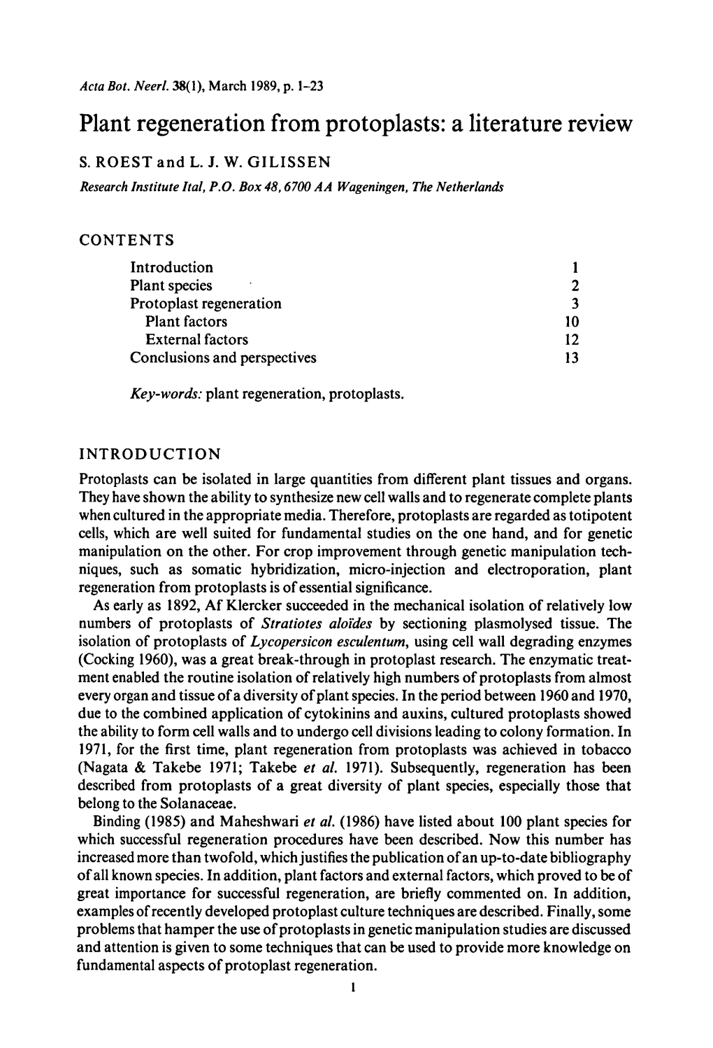 Plant Regeneration from Protoplasts: a Literature Review