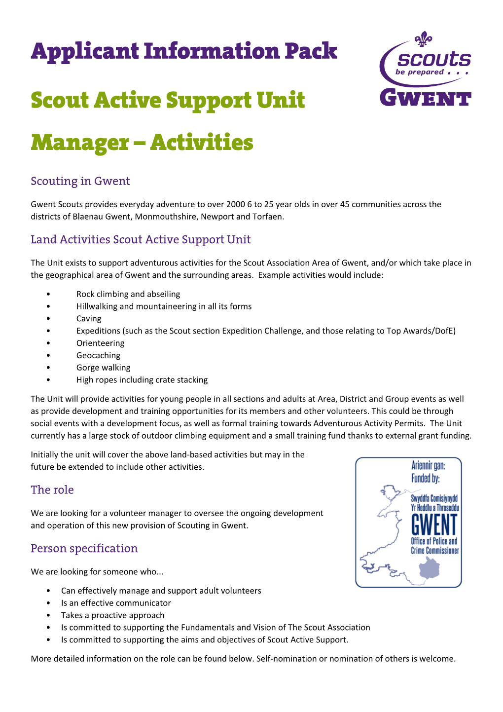 Applicant Information Pack Scout Active Support Unit