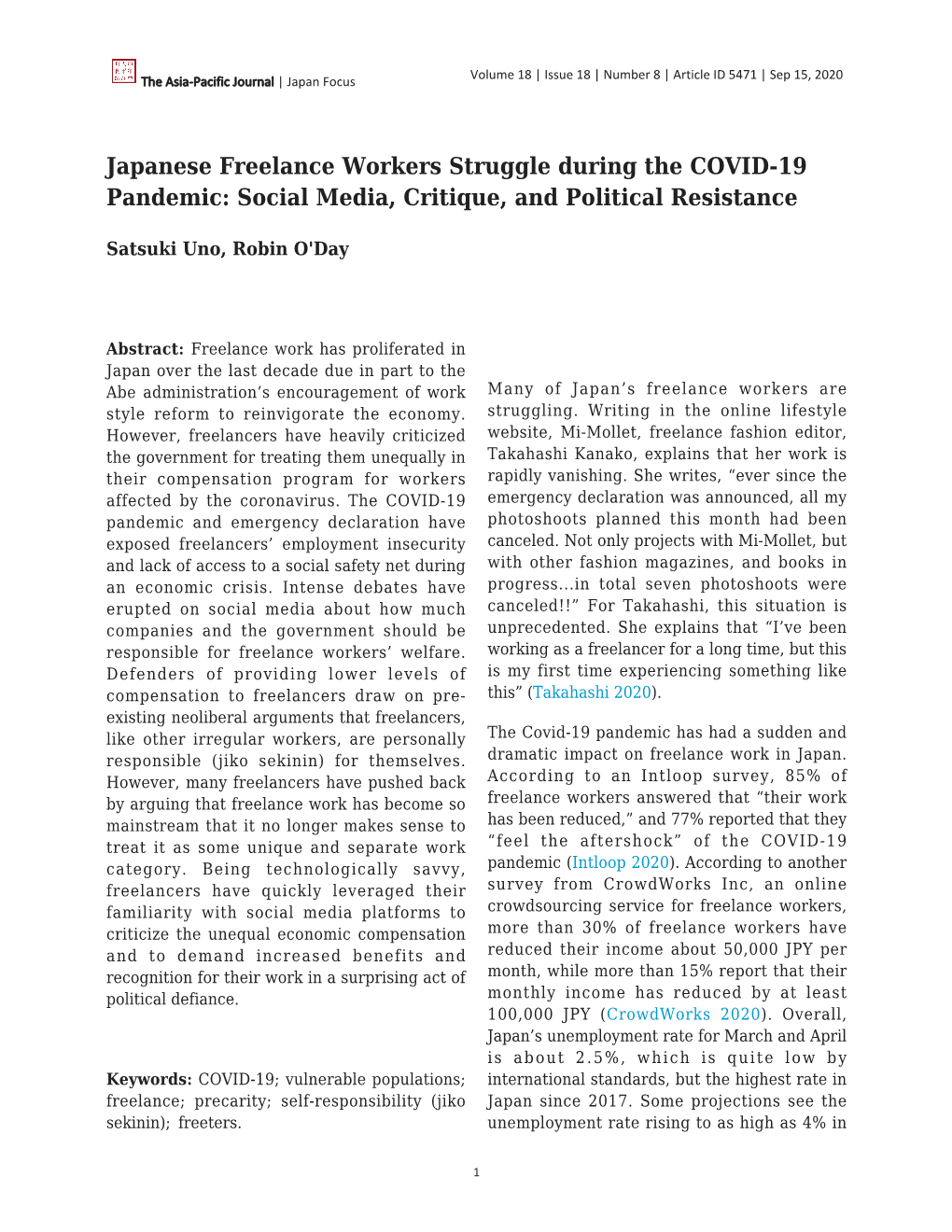 Japanese Freelance Workers Struggle During the COVID-19 Pandemic: Social Media, Critique, and Political Resistance