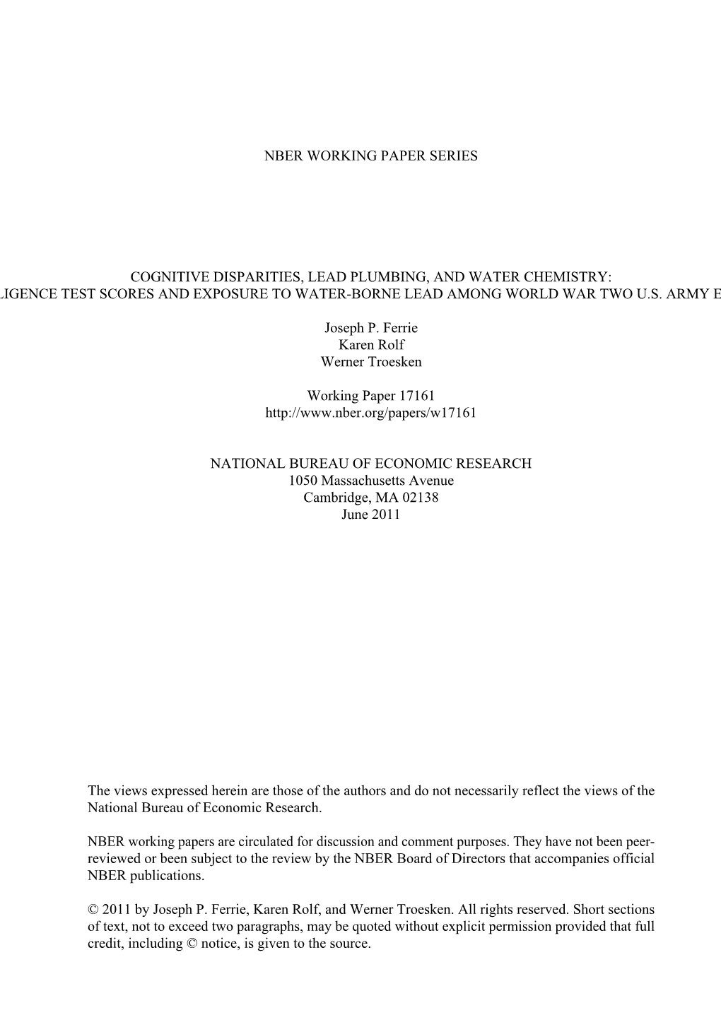 Cognitive Disparities, Lead Plumbing, and Water Chemistry: Intelligence Test Scores and Exposure to Water-Borne Lead Among World War Two U.S