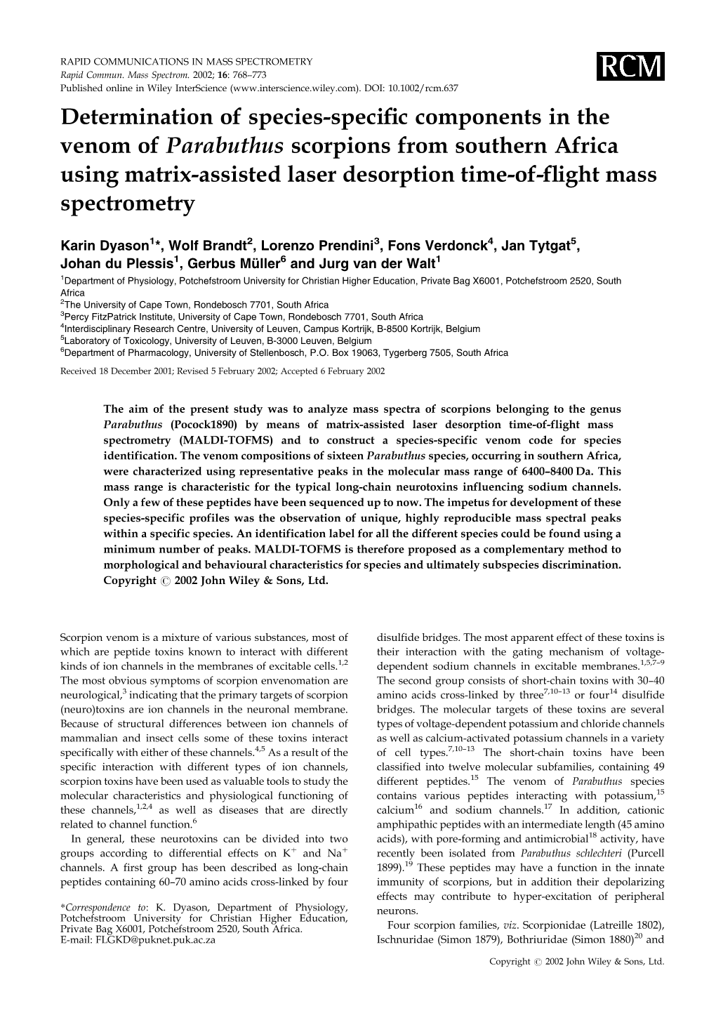 Determination of Species-Speci®C Components in the Venom Of