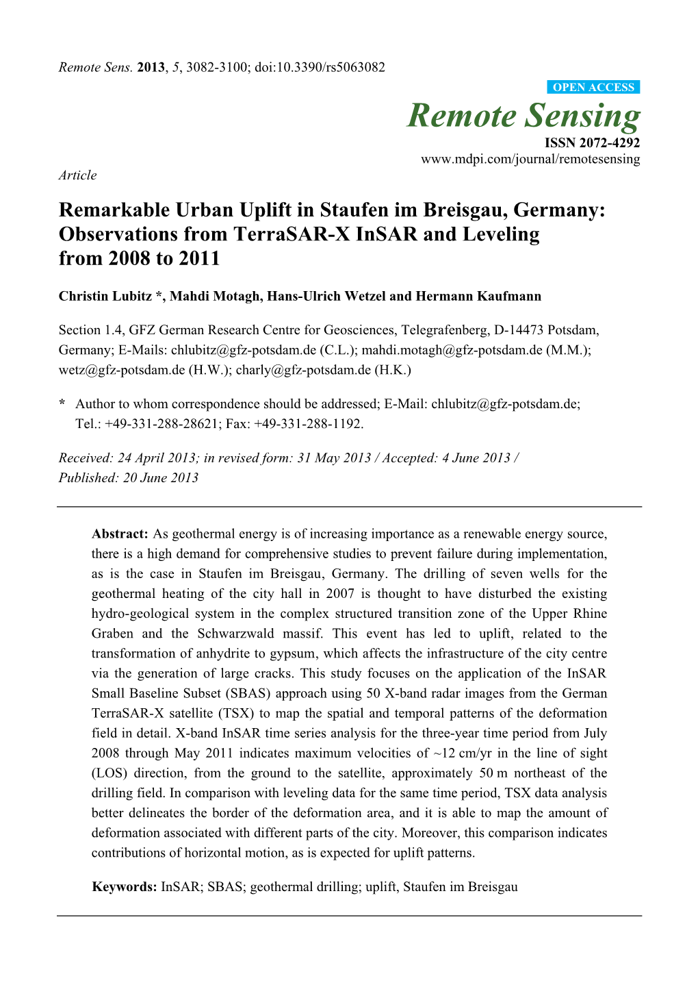 Remarkable Urban Uplift in Staufen Im Breisgau, Germany: Observations from Terrasar-X Insar and Leveling from 2008 to 2011