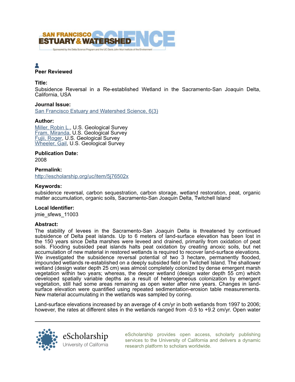 Subsidence Reversal in a Re-Established Wetland in The