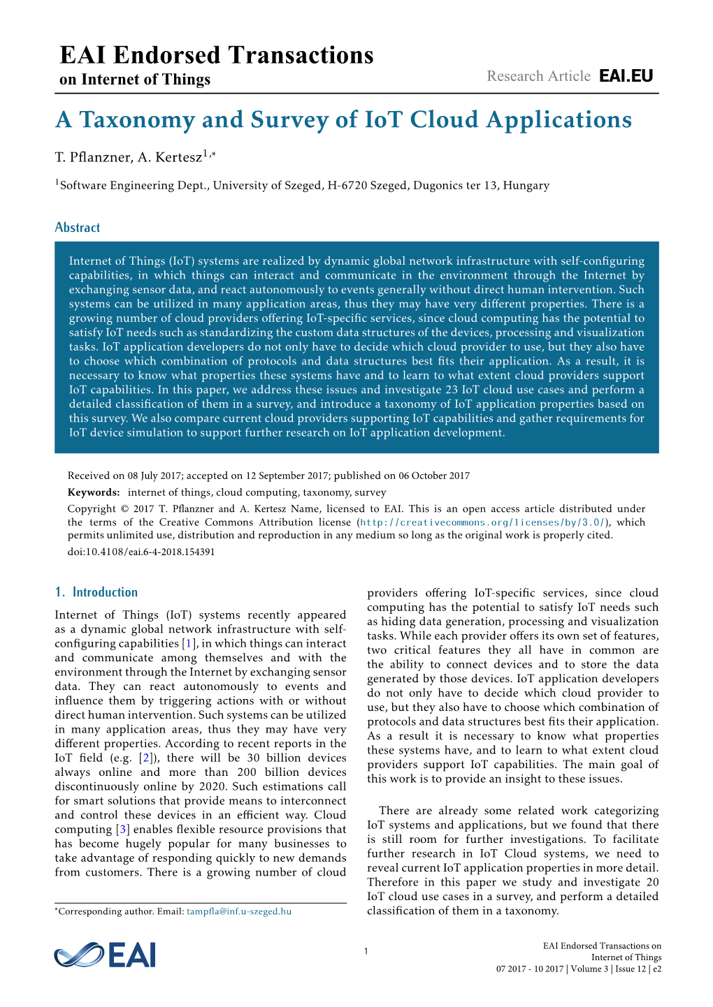 EAI Endorsed Transactions on Internet of Things Research Article a Taxonomy and Survey of Iot Cloud Applications