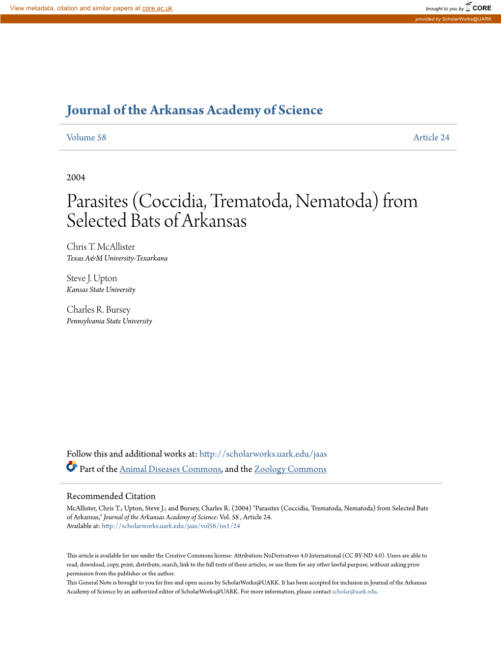 Parasites (Coccidia, Trematoda, Nematoda) from Selected Bats of Arkansas Chris T