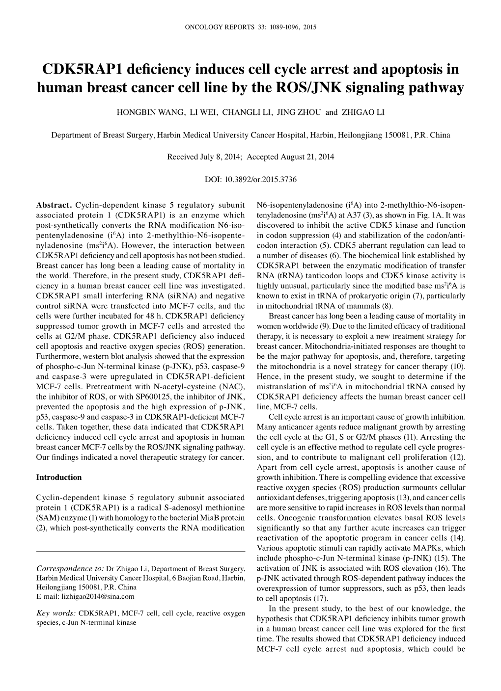 CDK5RAP1 Deficiency Induces Cell Cycle Arrest and Apoptosis in Human Breast Cancer Cell Line by the ROS/JNK Signaling Pathway