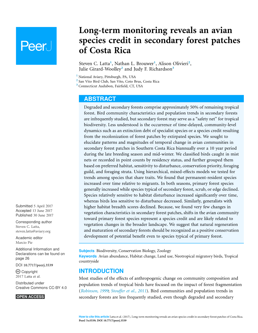 Long-Term Monitoring Reveals an Avian Species Credit in Secondary Forest Patches of Costa Rica
