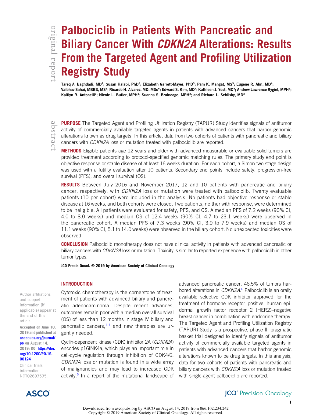 Palbociclib in Patients with Pancreatic and Biliary Cancer with CDKN2A