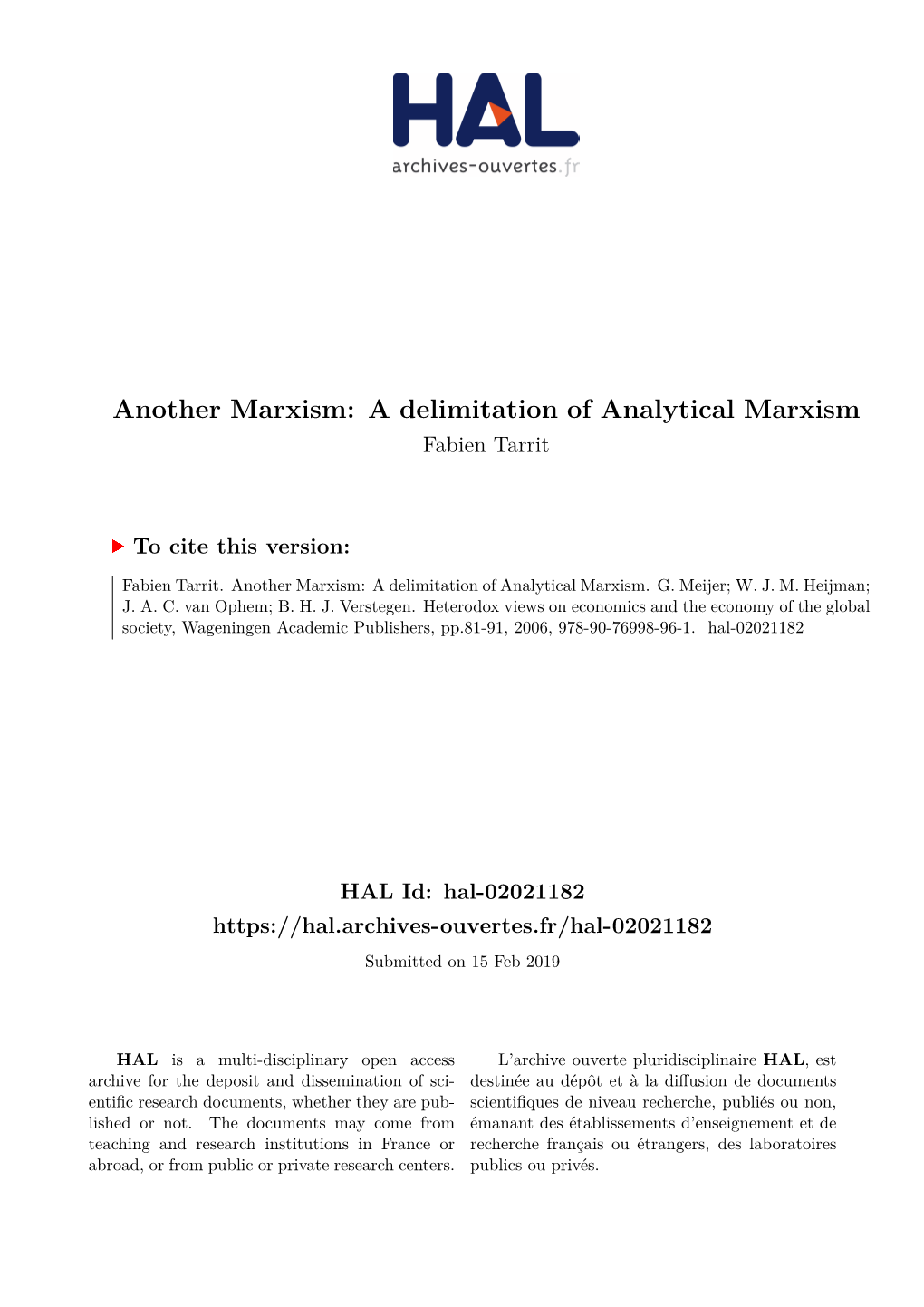 A Delimitation of Analytical Marxism Fabien Tarrit