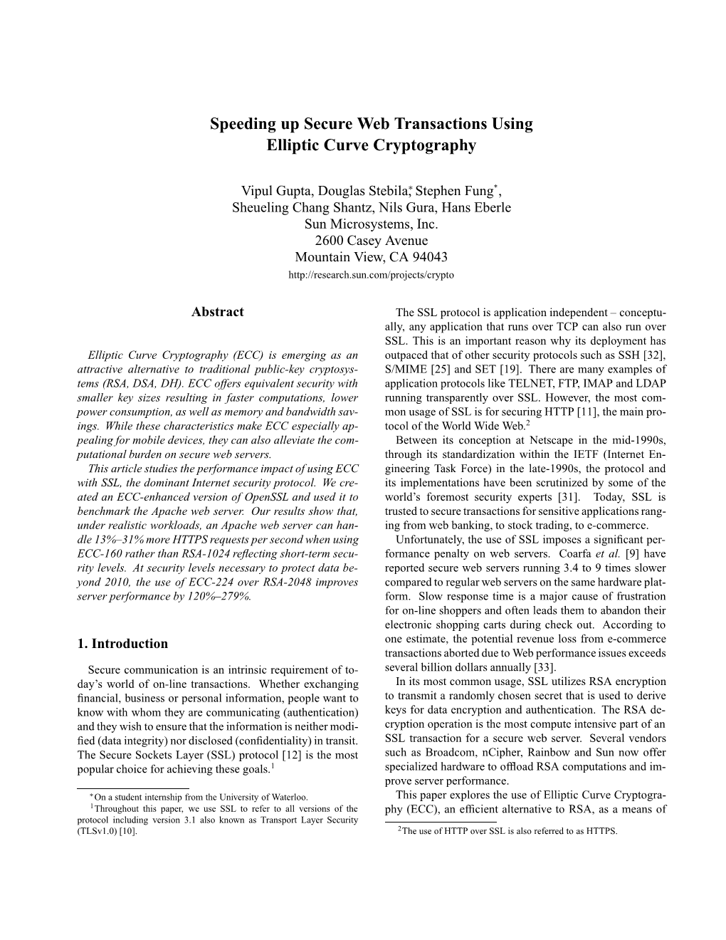 Speeding up Secure Web Transactions Using Elliptic Curve Cryptography