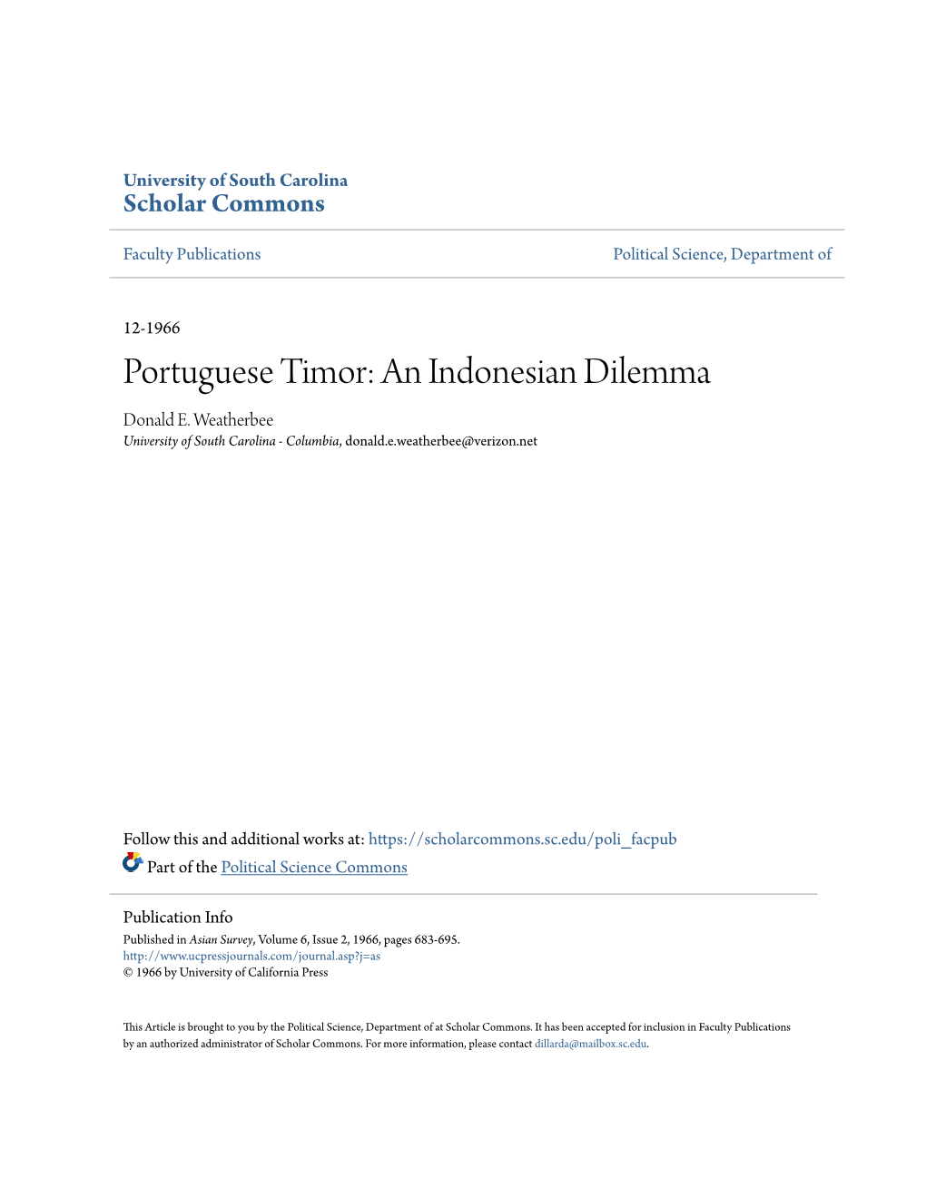 Portuguese Timor: an Indonesian Dilemma Donald E