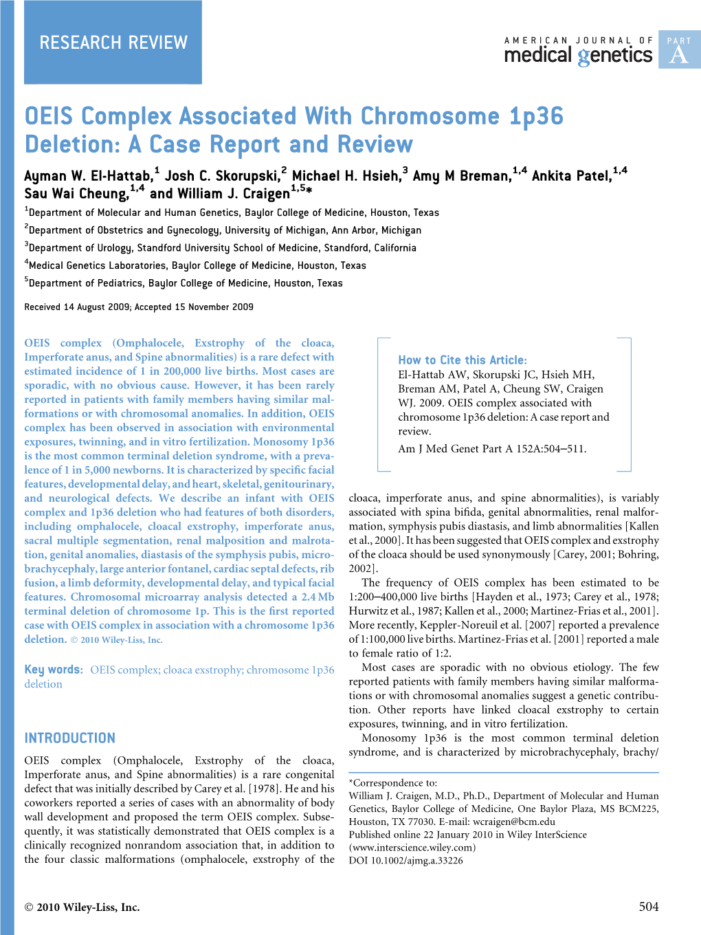 OEIS Complex Associated with Chromosome 1P36 Deletion: a Case Report and Review Ayman W