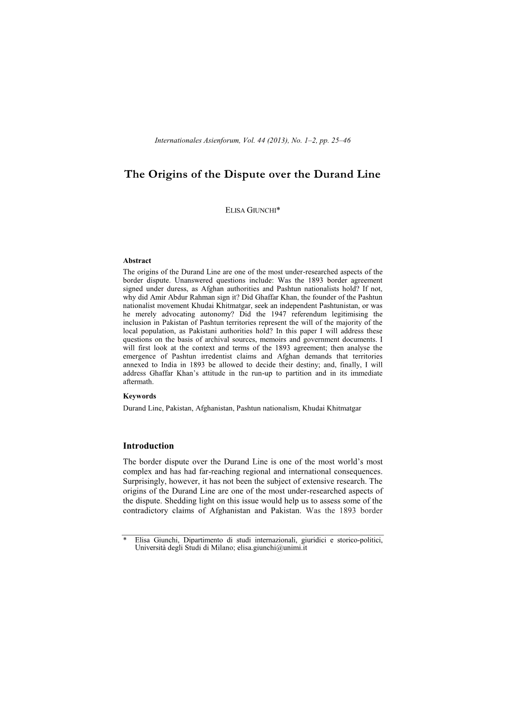 The Origins of the Dispute Over the Durand Line