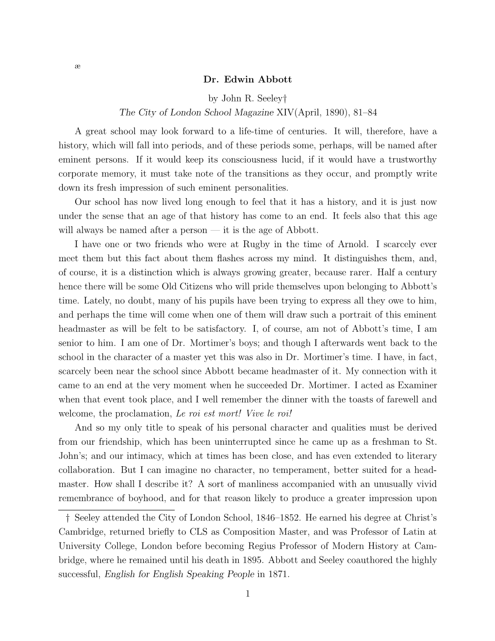 Dr. Edwin Abbott by John R. Seeley† the City of London School