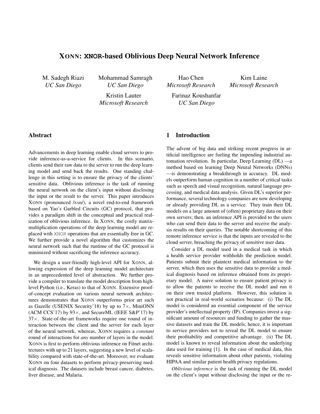 XONN: XNOR-Based Oblivious Deep Neural Network Inference