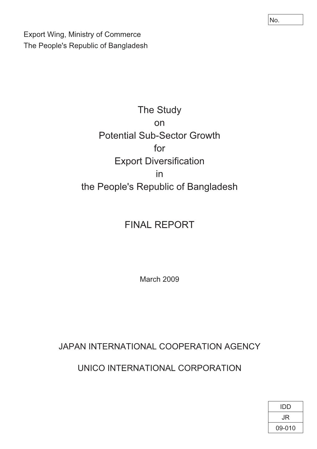 The Study on Potential Sub-Sector Growth for Export Diversification in the People's Republic of Bangladesh