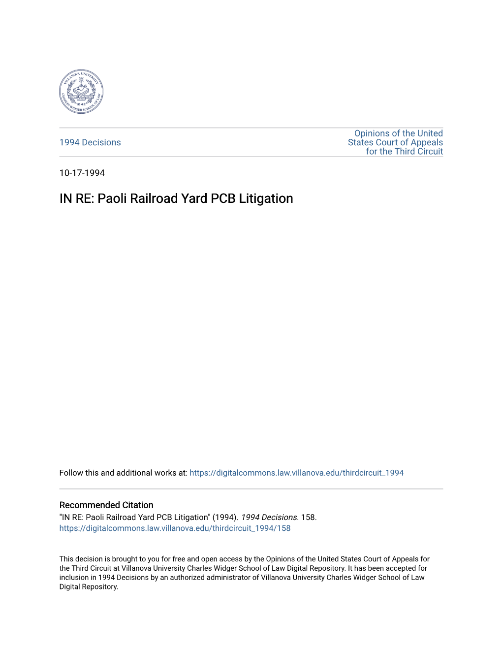 IN RE: Paoli Railroad Yard PCB Litigation