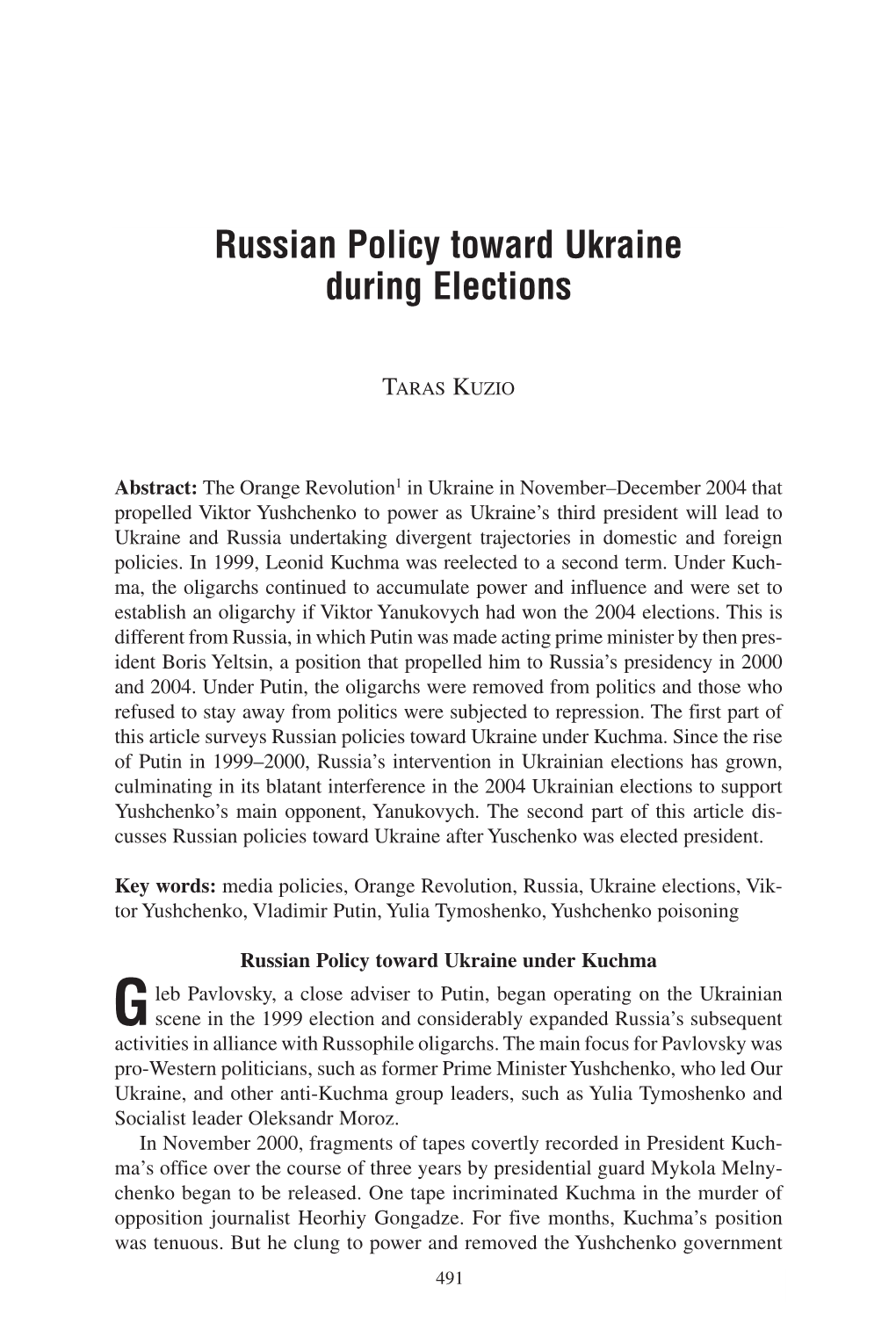 Russian Policy Toward Ukraine During Elections