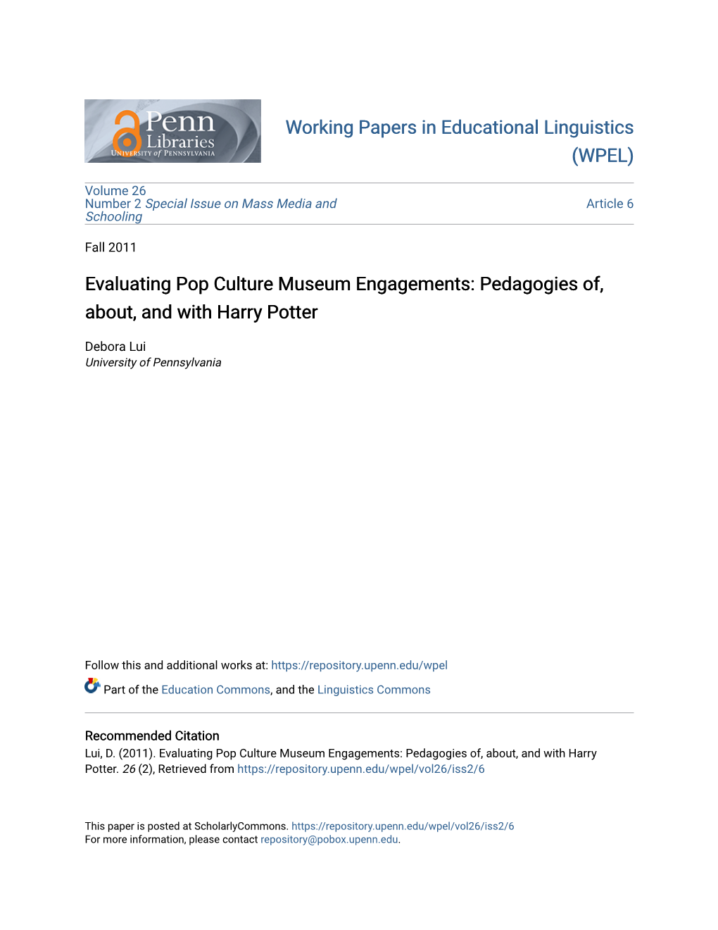 Evaluating Pop Culture Museum Engagements: Pedagogies Of, About, and with Harry Potter