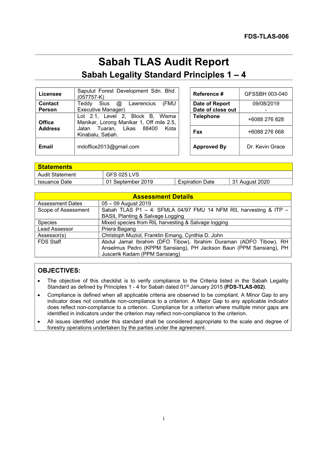 Sabah TLAS Audit Report Sabah Legality Standard Principles 1 – 4