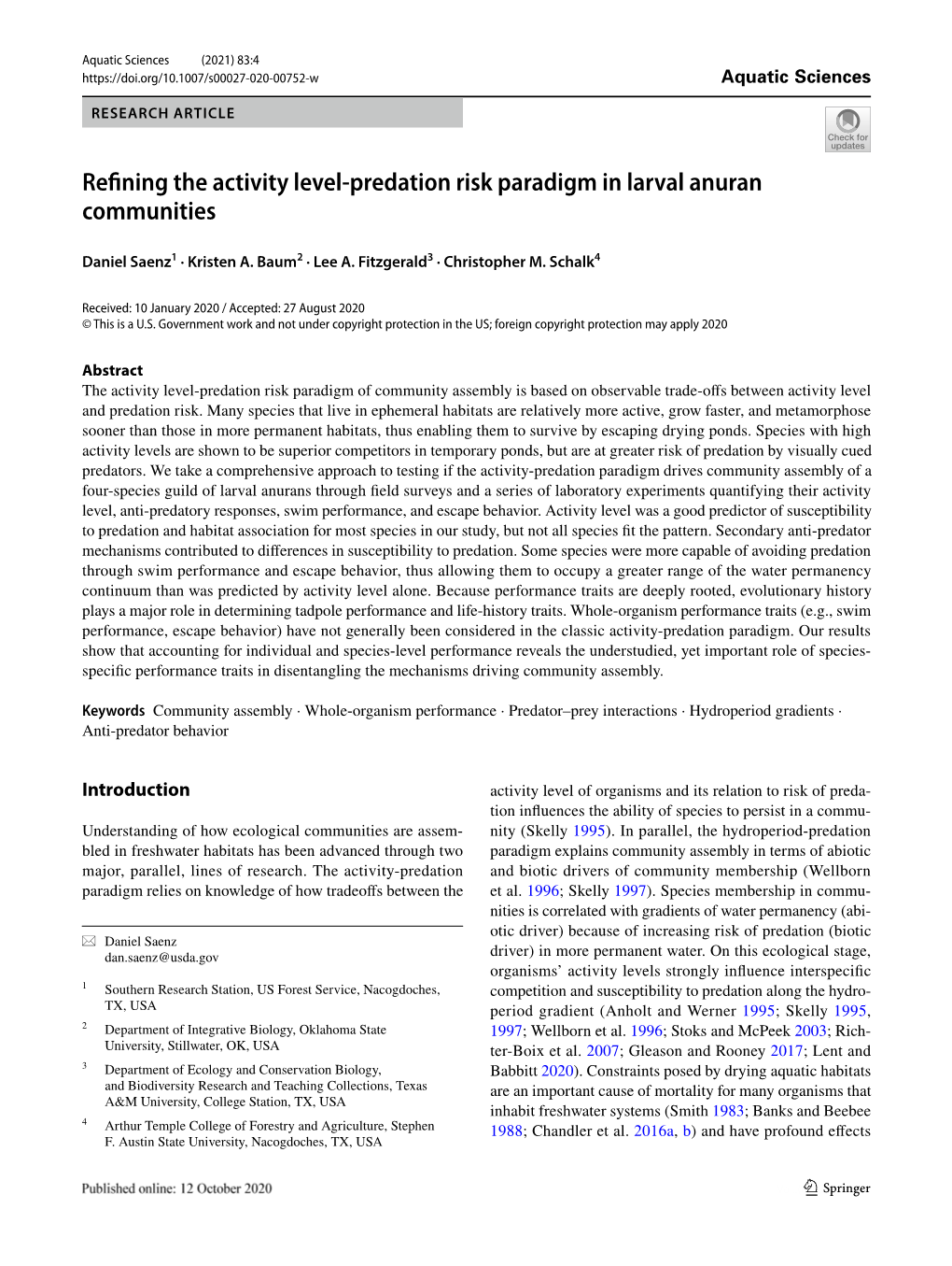 Refining the Activity Level-Predation Risk Paradigm in Larval Anuran