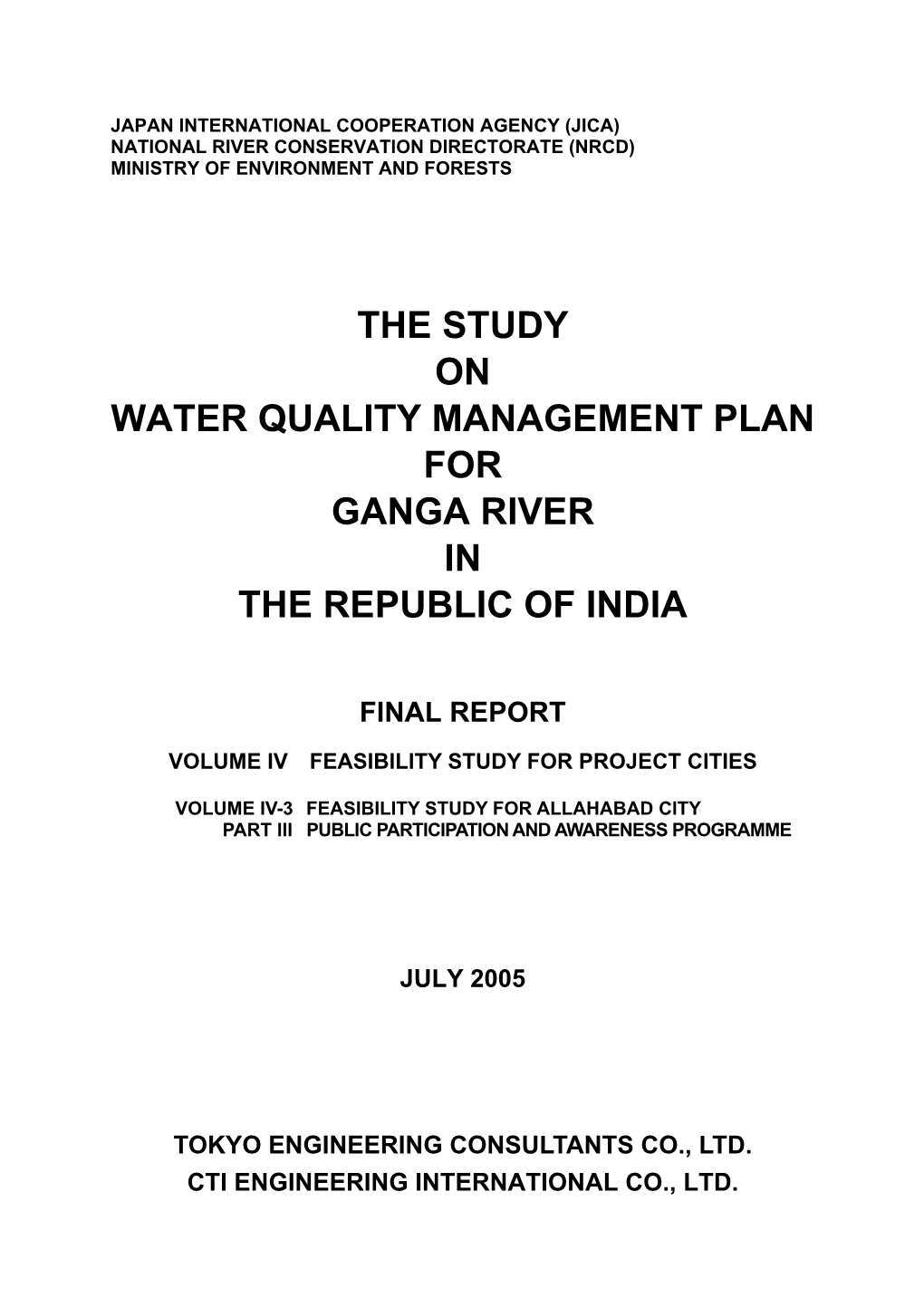 The Study on Water Quality Management Plan for Ganga River in the Republic of India