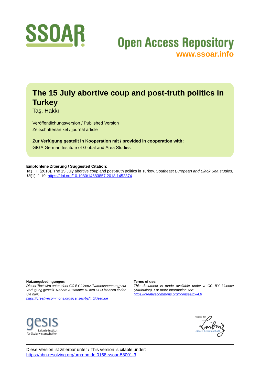 The 15 July Abortive Coup and Post-Truth Politics in Turkey Taş, Hakkı