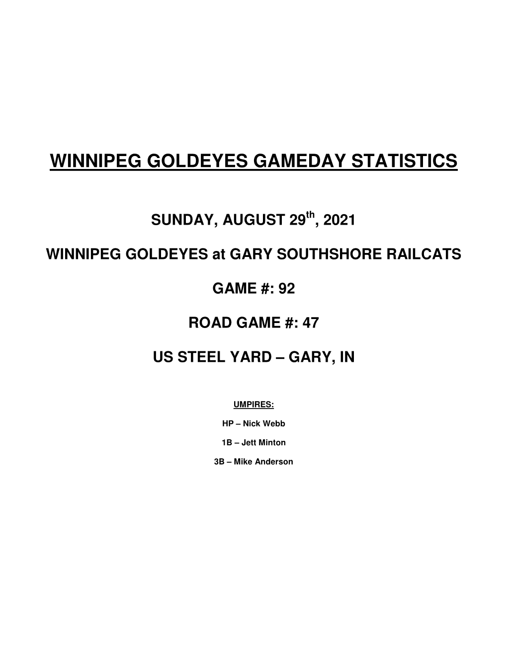 Winnipeg Goldeyes Gameday Statistics