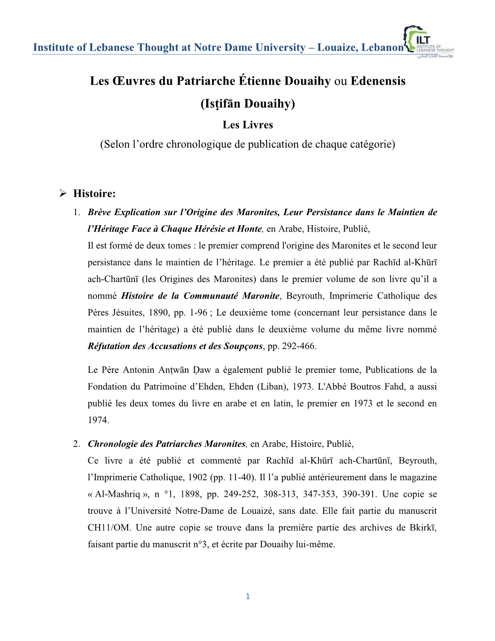 Isṭifān Douaihy) Les Livres (Selon L’Ordre Chronologique De Publication De Chaque Catégorie)