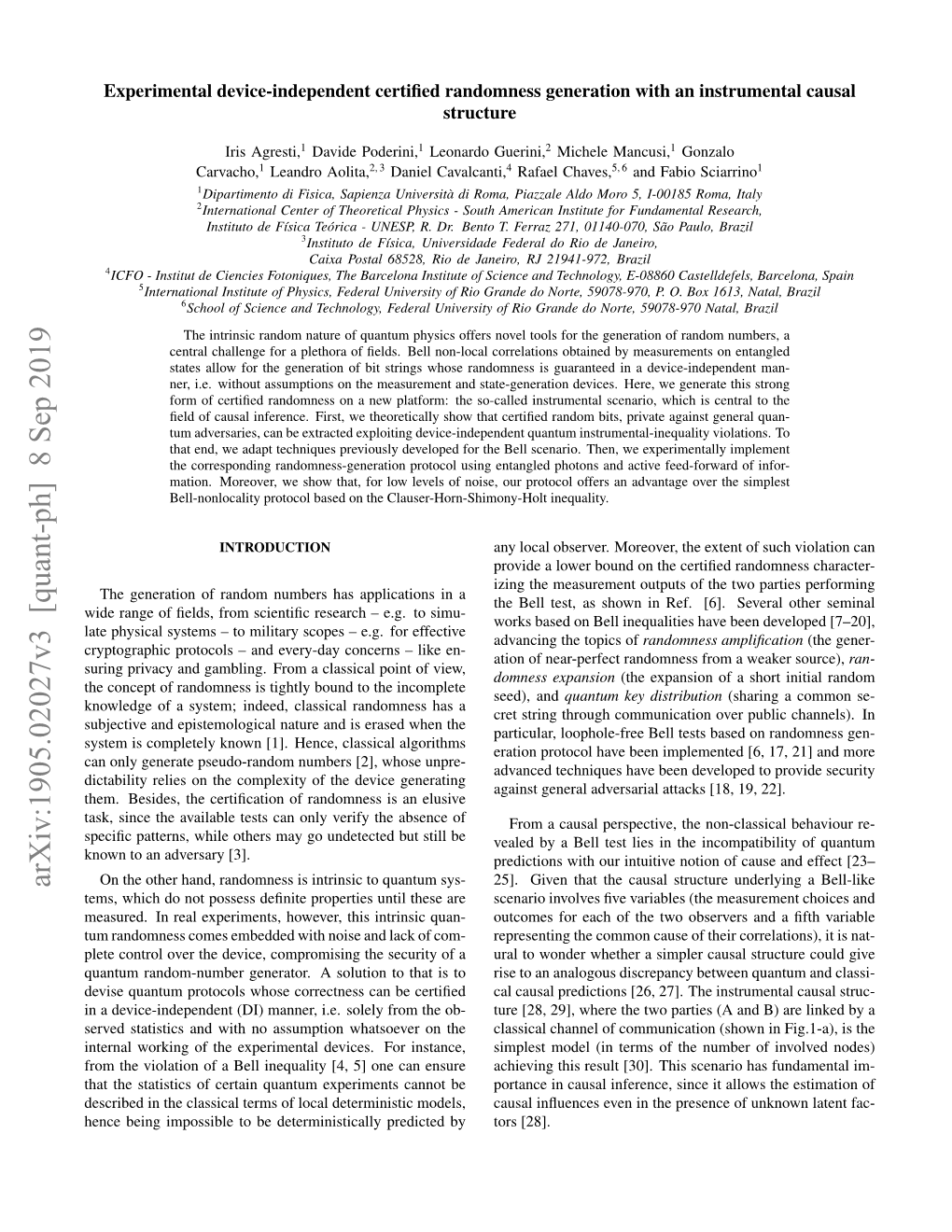 Arxiv:1905.02027V3 [Quant-Ph] 8 Sep 2019 on the Other Hand, Randomness Is Intrinsic to Quantum Sys- 25]