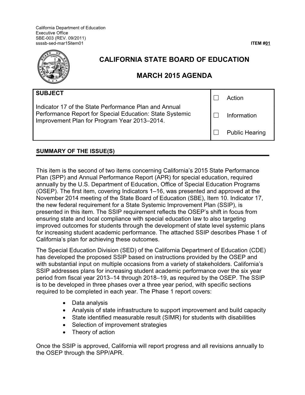 March 2015 Agenda Item 01 Corrected - Meeting Agendas (CA State Board of Education)