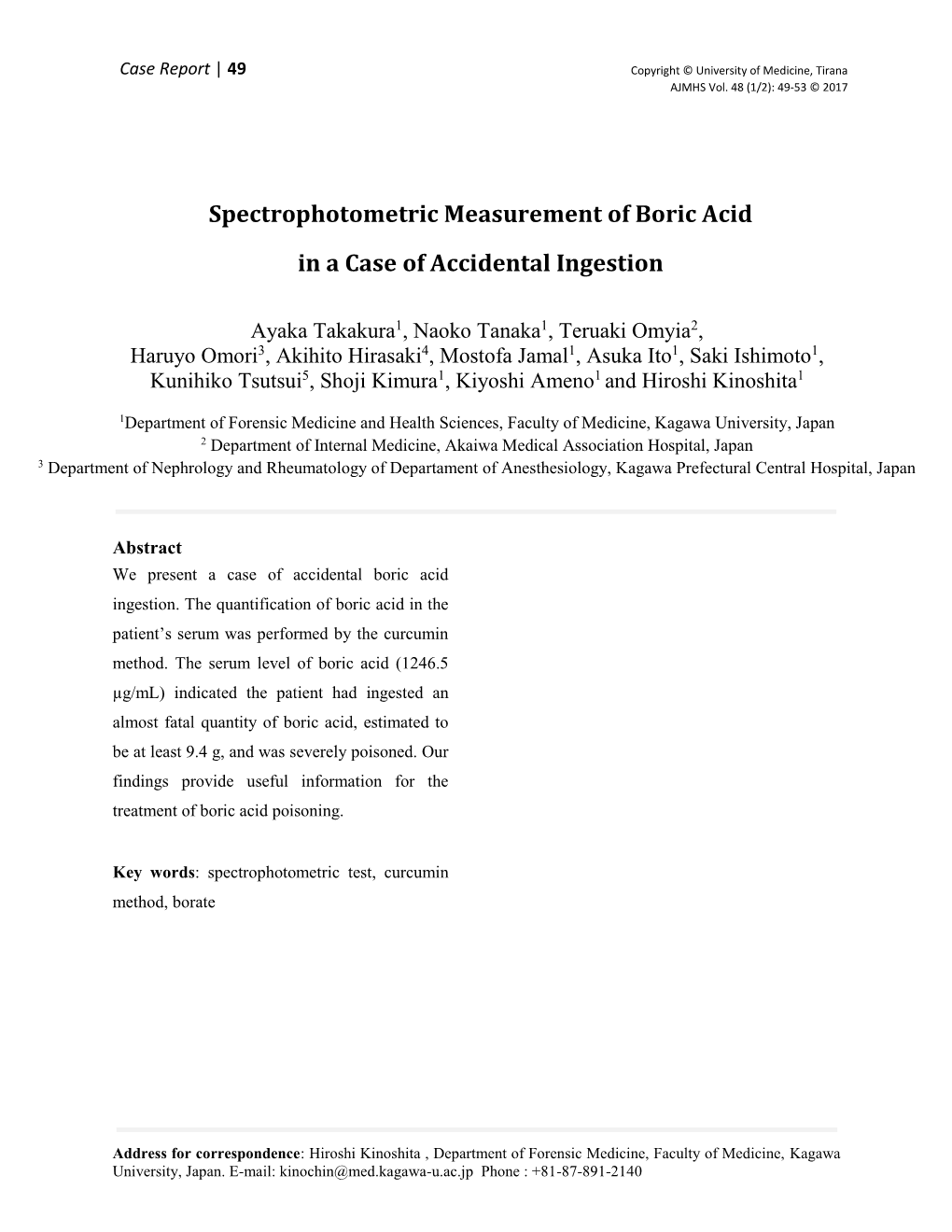 Spectrophotometric Measurement of Boric Acid in a Case of Accidental Ingestion
