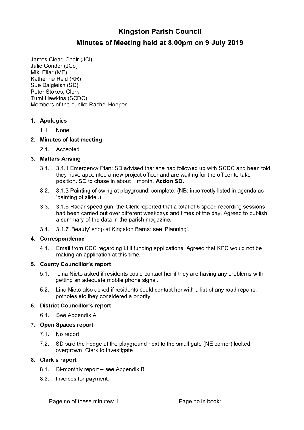 Kingston Parish Council Minutes of Meeting Held at 8.00Pm on 9 July 2019