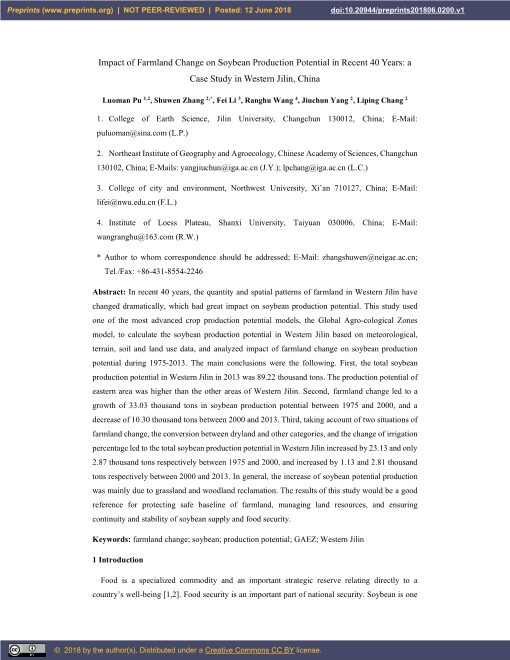 Impact of Farmland Change on Soybean Production Potential in Recent 40 Years: a Case Study in Western Jilin, China